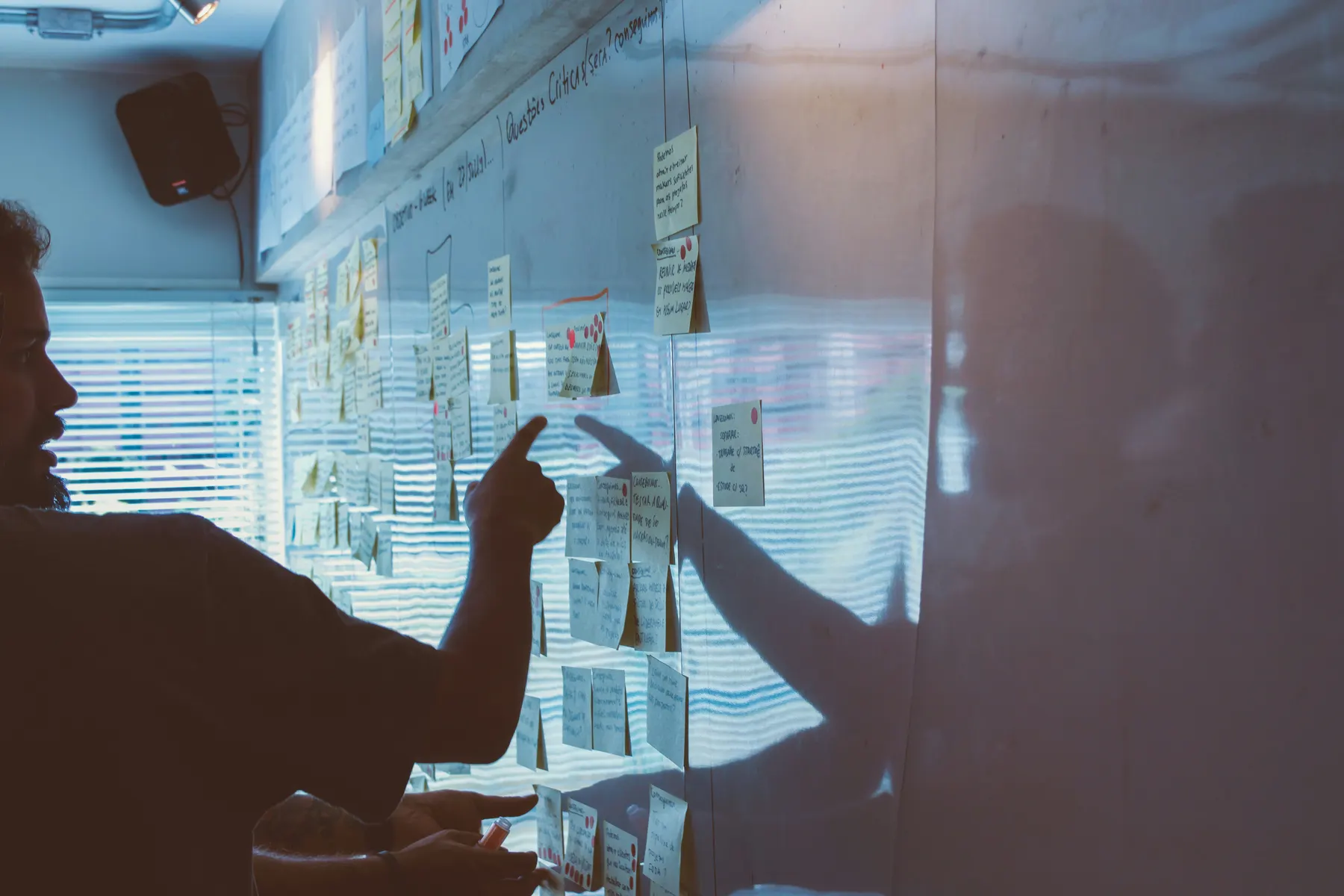 Strategie-Workshop an einer Wand voller Notizzettel